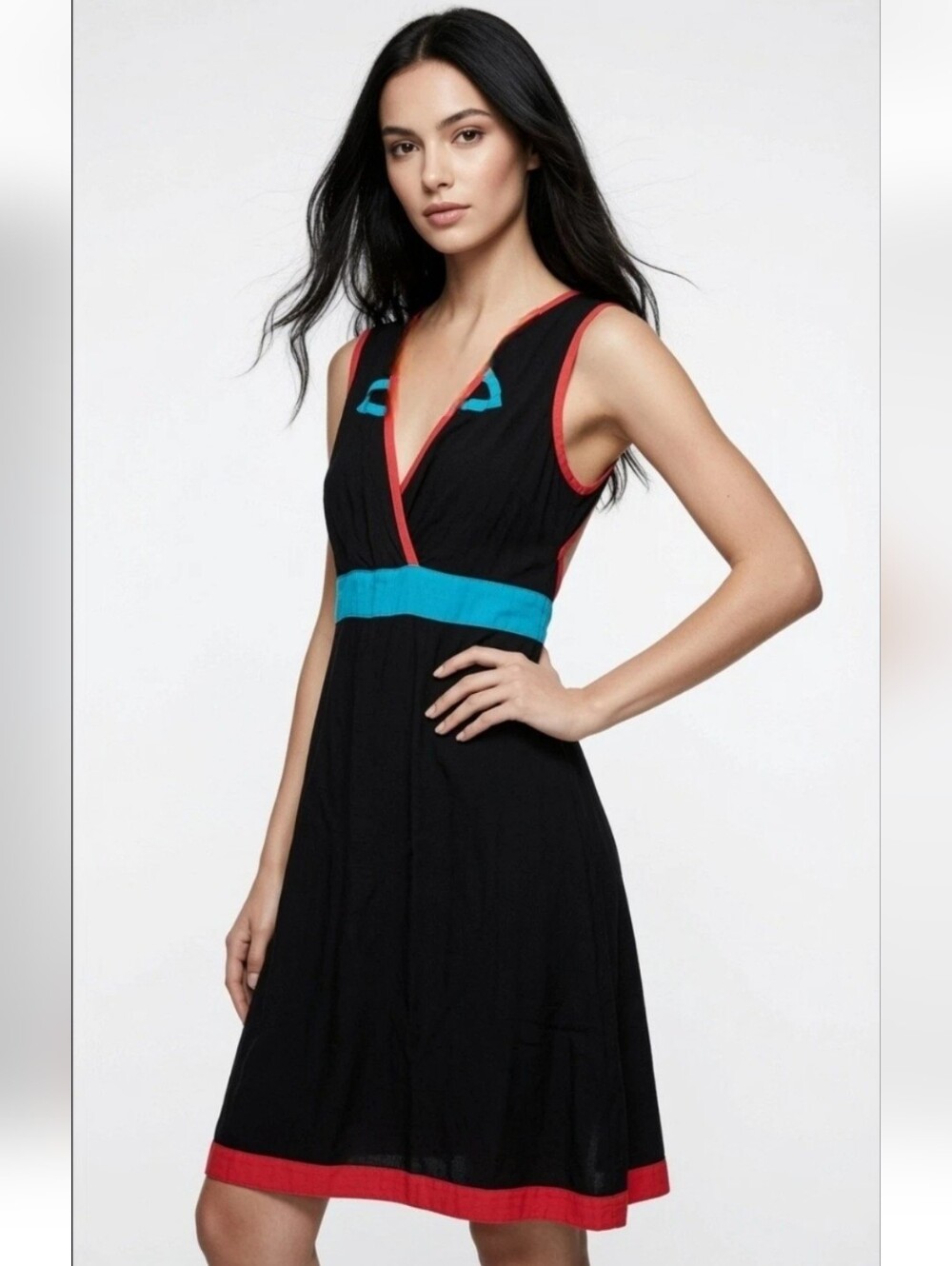Vintage Y2k 90s 80s Black Neon Midi Sleeveless Dress Empire Waist Geometric M - Picture 2 of 8